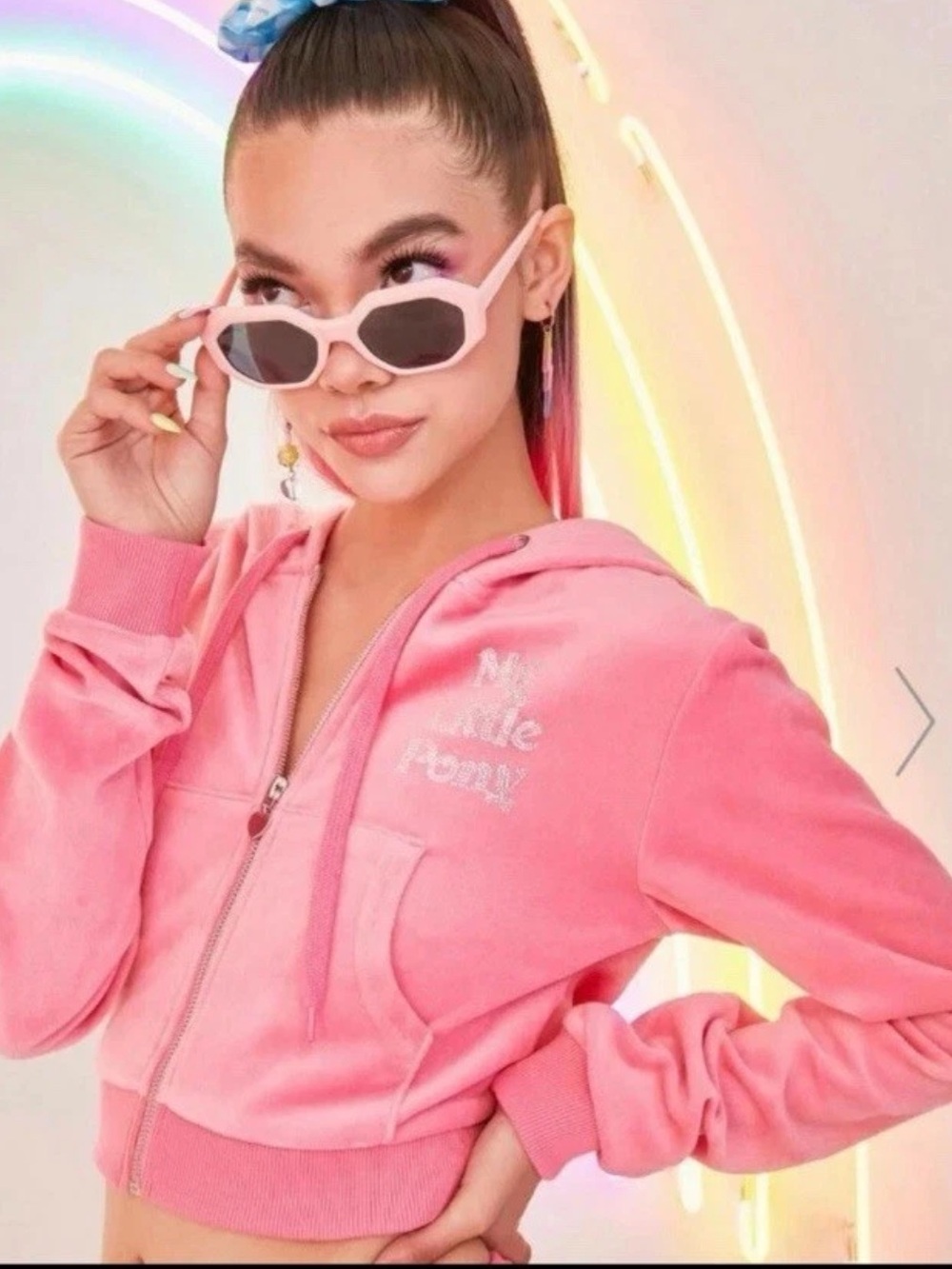 Dolls Kill My Little Pony Pink Cropped Velour Zip-Up Hoodie - Girl’s Juniors L